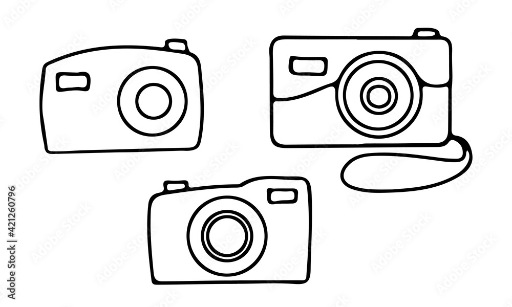 A set of three contour-drawn cameras. Doodle style. Vector. Illustration on white background. A set of three contour-drawn cameras. Doodle style. Vector. Illustration on white background.
