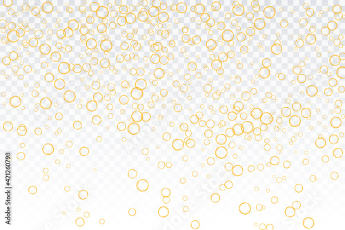 Golden air bubbles, oxygen, champagne crystal clear, isolated on a transparent background of modern design. Vector illustration of eps 10.