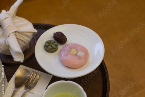 An Image of Korean Royal Court Cuisine on small dining table. photo