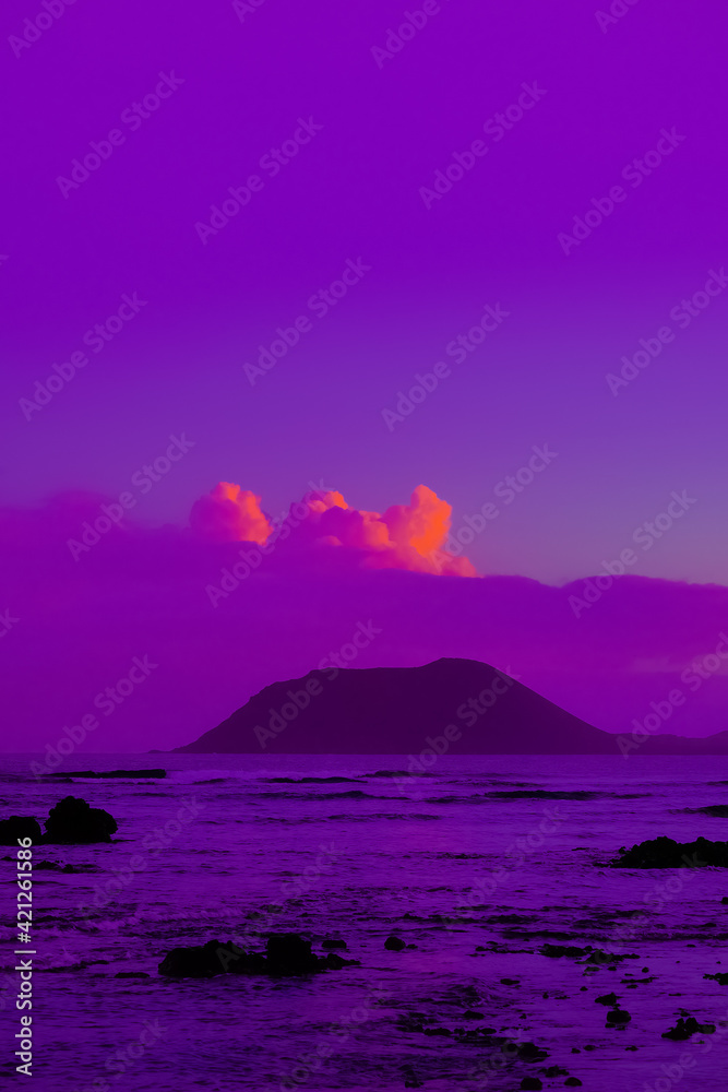 Fantasy minimalistic purple dreams sunrise. Ocean view. Relax wallpaper