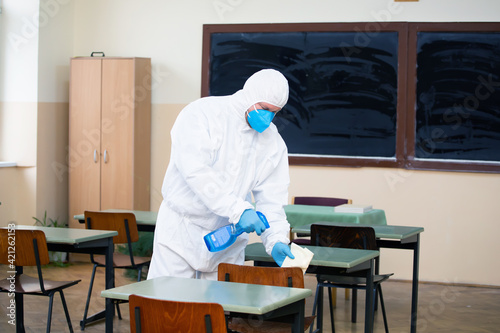 Cleaning and disinfection school class to prevent COVID-19.M