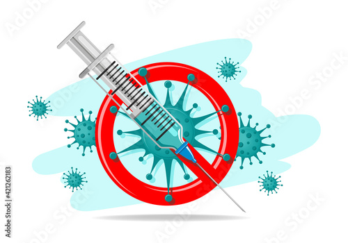 Virus protection concept. Realistic drawing of a syringe with a vaccine and coronavirus bacteria, stop covid sign. Flat design, vector