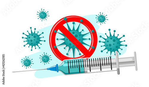 Virus protection concept. Realistic drawing of a syringe with a vaccine and coronavirus bacteria, stop covid sign. Flat design, vector