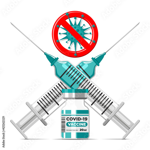 Covid-19 Coronavirus vaccination concept. Vaccine vial and crossed syringes, stop corona sign. Realistic vector on transparent background
