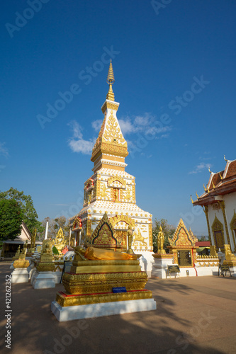 Nakhon Panom, Thailand - February 12, 2020: Landscape of the Pagoda of Wat Phrathat Si Khun located in Na Kae District