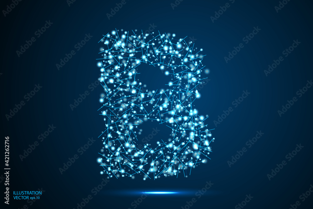 English letters abstract font consists 3d of triangles, lines, dots and connections. On a dark blue background cosmic universe stars, meteorites, galaxies. Vector illustration EPS 10.
