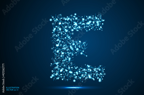 English letters abstract font consists 3d of triangles, lines, dots and connections. On a dark blue background cosmic universe stars, meteorites, galaxies. Vector illustration EPS 10.