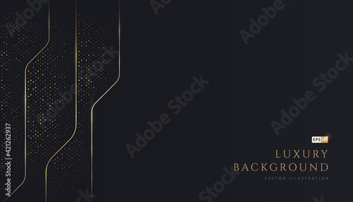 Abstract geometric overlapping on black background with glitter and golden lines glowing dots golden combinations. Modern luxury and elegant design with copy space. Vector EPS10