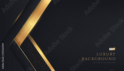 Abstract geometric overlapping on black background with glitter and golden lines glowing dots golden combinations. Modern luxury and elegant design with copy space. Vector EPS10