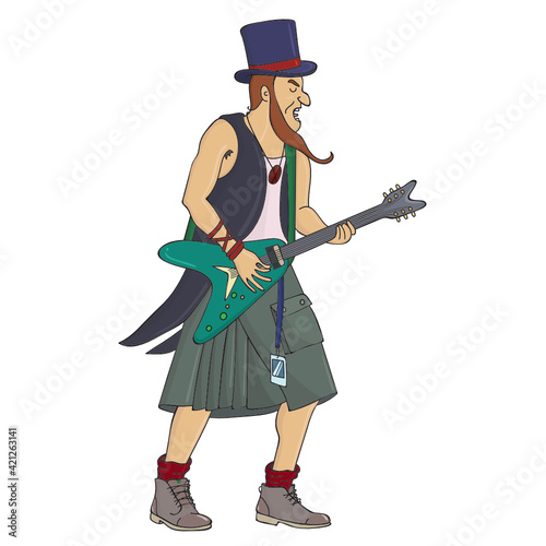 Bearded rock musician in kilt with a pocket, sleeveless tailcoat, violet top hat and with concert name tag plays the blue green arrowhead guitar on stage vector illustration