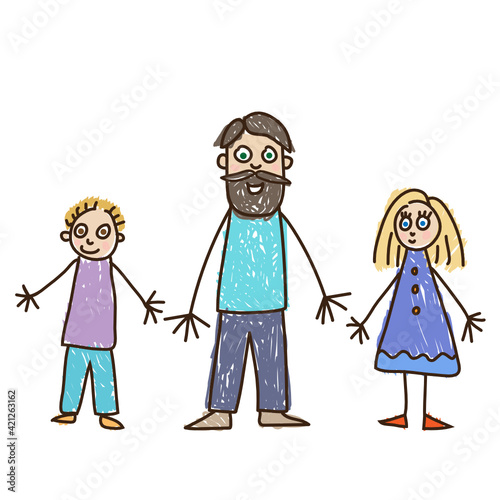 Children`s drawing Cheerful caucasian father with a beard stands with his two children daughter and son on the white background vector illustration