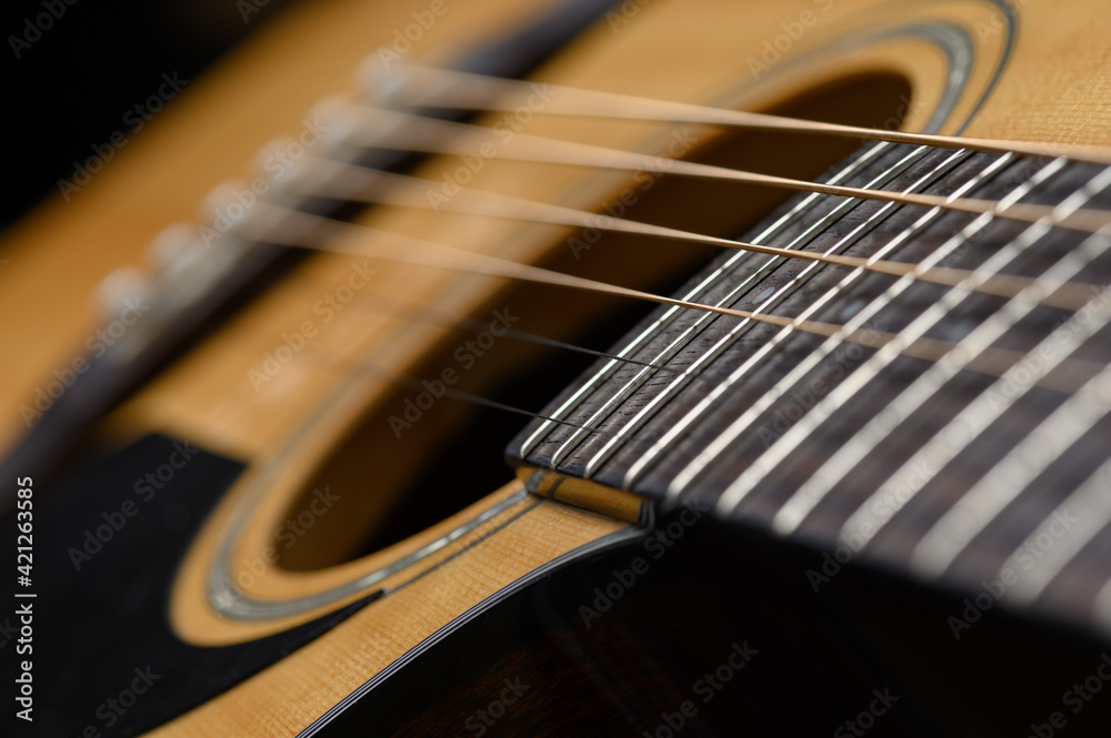 Fototapeta premium Acoustic guitar close up. Cover for online courses, learning at home.