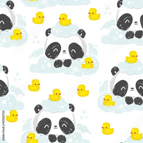 take a bath panda bear Hand drawn cute rubber yellow duck pattern seamless vector illustration