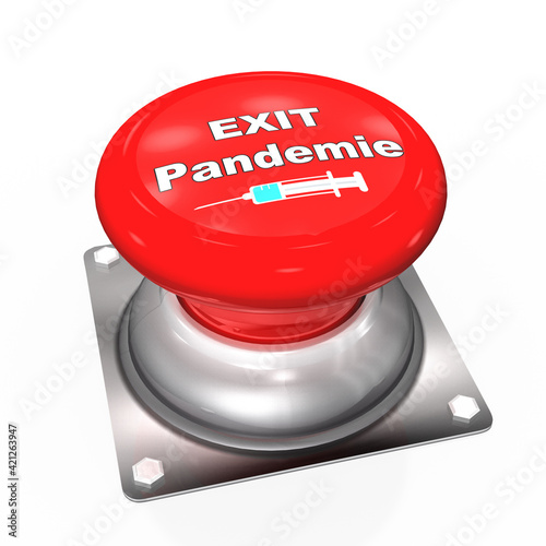 3d Notschalter mit Exit Pandemie und Spritze als Symbol, isoliert