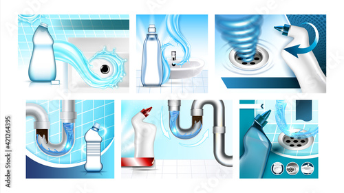 Clogged Drain Cleaner Promo Posters Set Vector