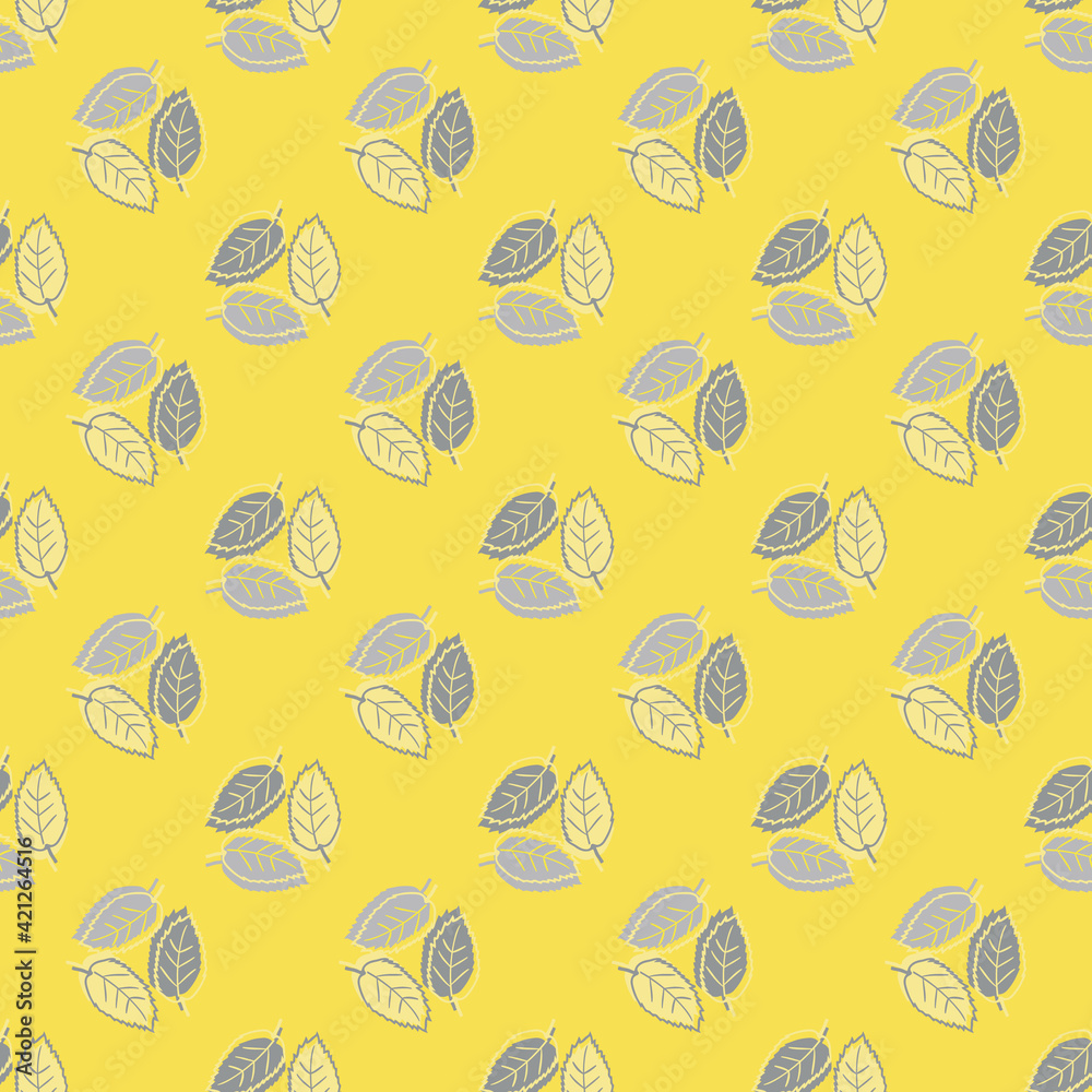 Elm leaf seamless vector pattern background. Backdrop of groups of hand drawn yellow grey leaves with offset silhouette color. Geometric botanical foliage design. All over print for nature, wellbeing Elm leaf seamless vector pattern background. Backdrop of groups of hand drawn yellow grey leaves with offset silhouette color. Geometric botanical foliage design. All over print for nature, wellbeing