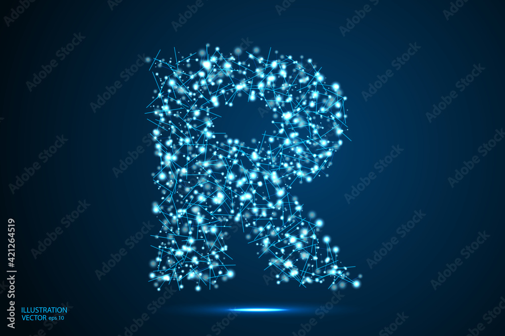 English letters abstract font consists 3d of triangles, lines, dots and connections. On a dark blue background cosmic universe stars, meteorites, galaxies. Vector illustration EPS 10.