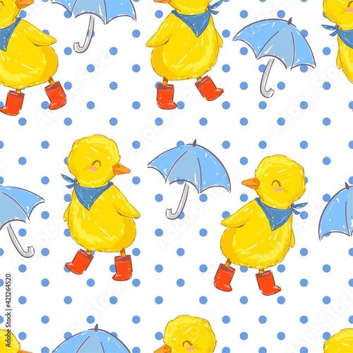 Hand drawn cute duckling and umbrella vector illustration seamless pattern Cute little duck bird rainy day