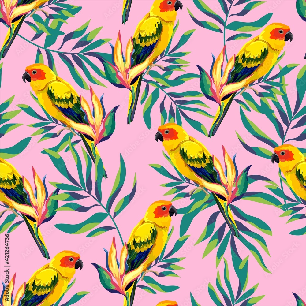 Pattern with beautiful parrots and exotic tropical leaves. Birds background Vector Illustration.
