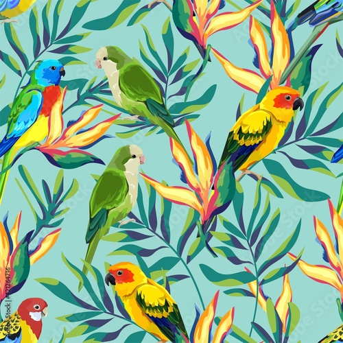 Pattern with beautiful parrots and exotic tropical flowers leaves. Birds background Vector Illustration.