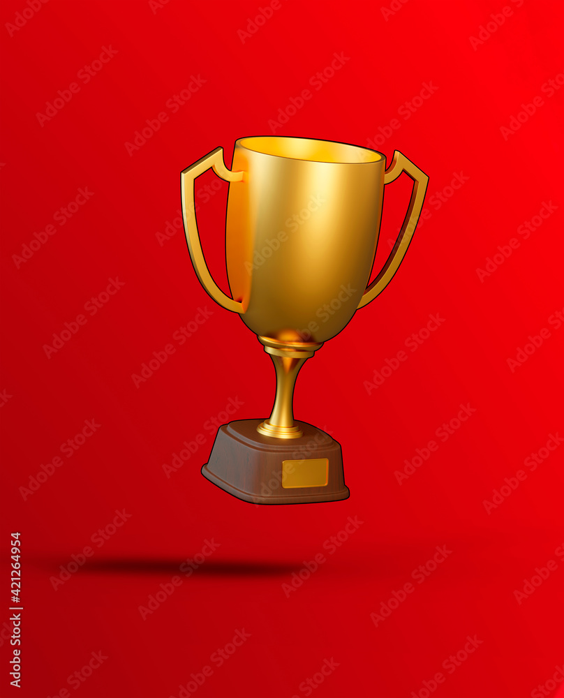Flying golden trophy cup on red background. Sport tournament award, gold winner cup and victory concept. 3d rendering illustration Flying golden trophy cup on red background. Sport tournament award, gold winner cup and victory concept. 3d rendering illustration
