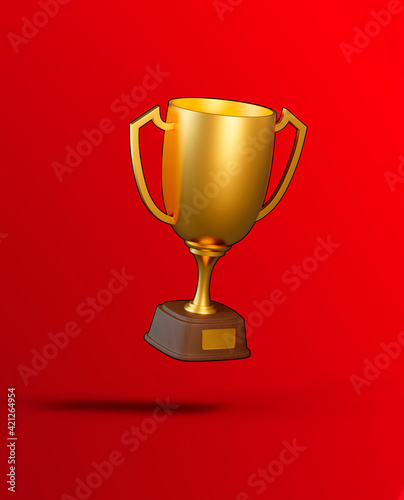 Flying golden trophy cup on red background. Sport tournament award, gold winner cup and victory concept. 3d rendering illustration