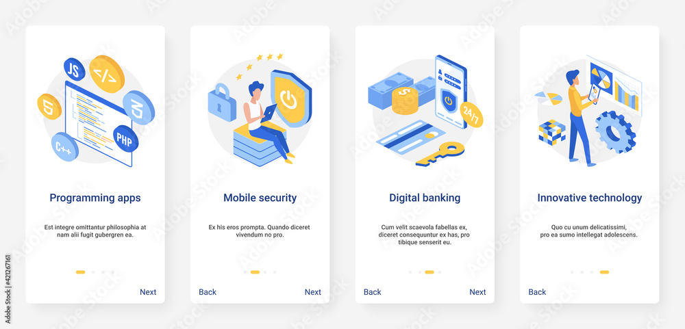 Security digital banking innovative technology isometric vector illustration. UX, UI onboarding mobile app page screen set with 3d innovations in bank service, programming, mobile bank app development