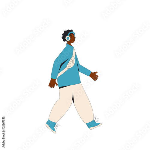African american man. Young male character wearing in casual clothes walking with earphones isolated on a white background. Vector line illustration.