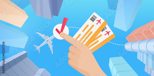 Book and buy airline tickets for business travel flight worldwide vector illustration. Cartoon tourist traveler hands holding airplane tickets, air plane flying in metropolis sky, tourism background