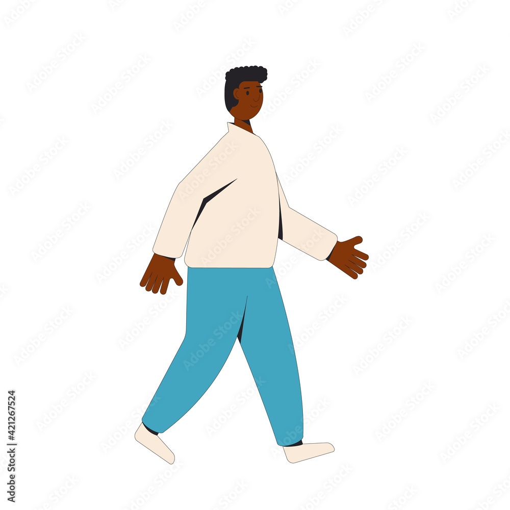 African american man. Young male character wearing in casual clothes walking isolated on a white background. Vector line illustration.