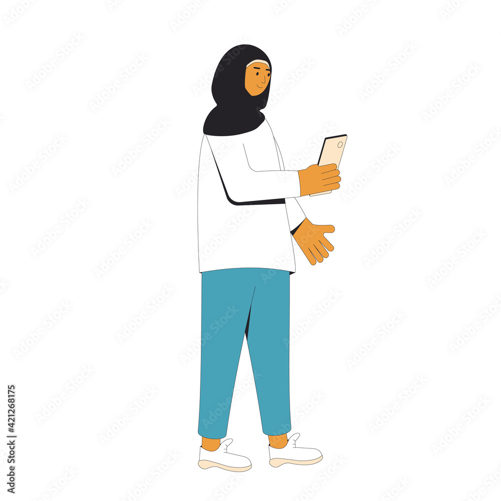 Young muslim woman. Female teenager character wearing in hijab and casual clothes standing isolated on a white background. Vector line illustration.