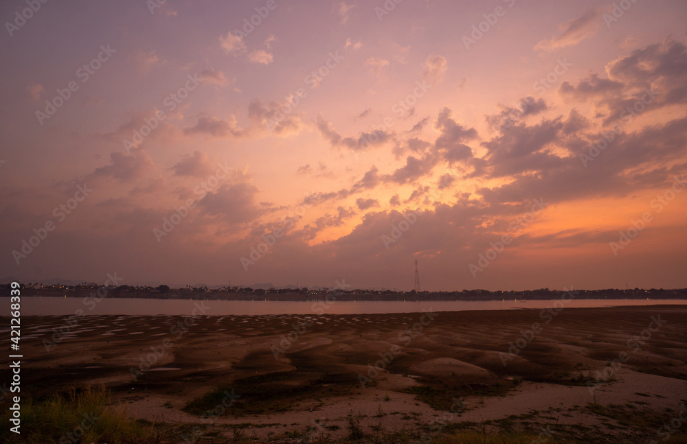 Beautiful sky at dawn with clouds at Mekong river Beautiful sky at dawn with clouds at Mekong river