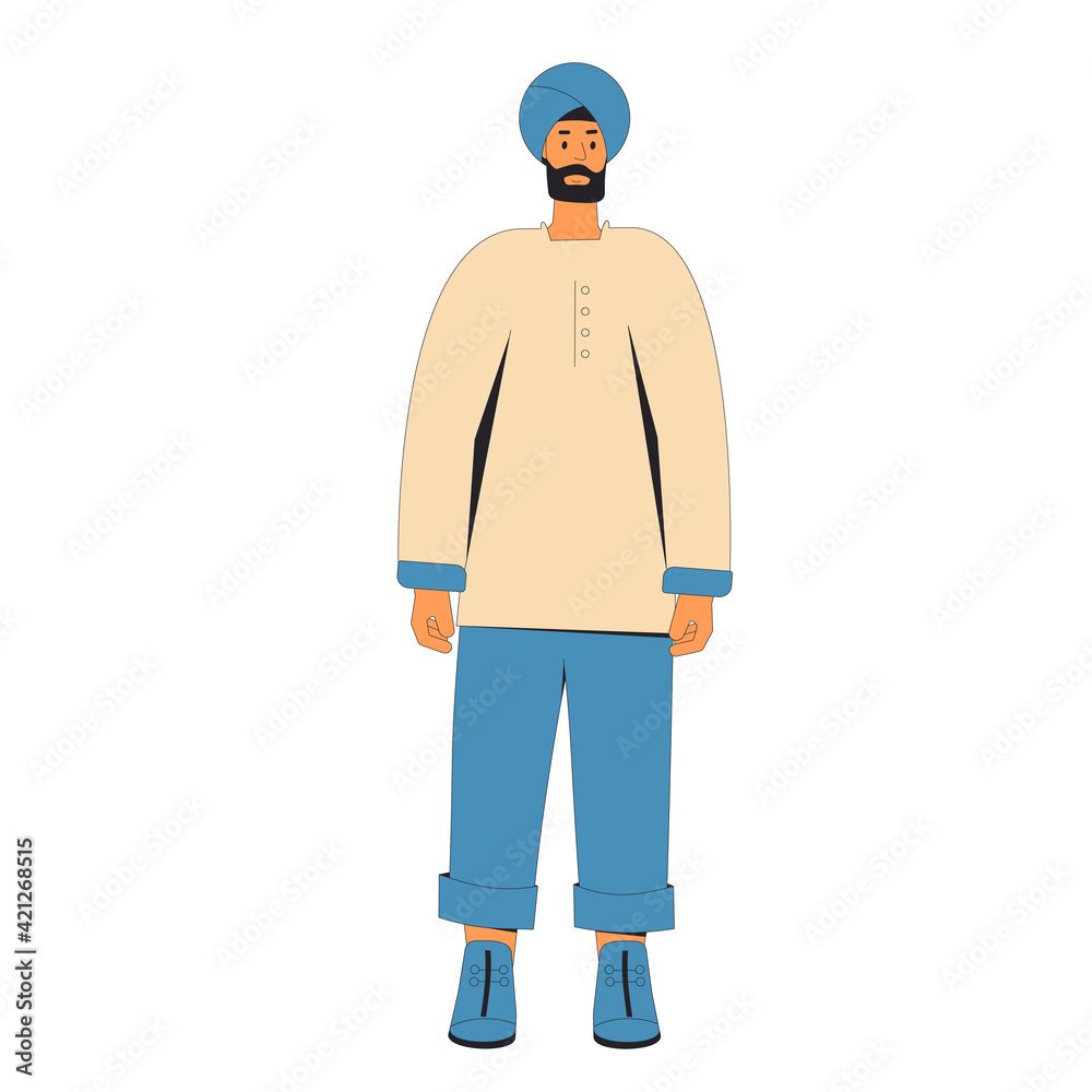 Indian man wearing in casual clothes and turban standing isolated on a white background. Vector line illustration.