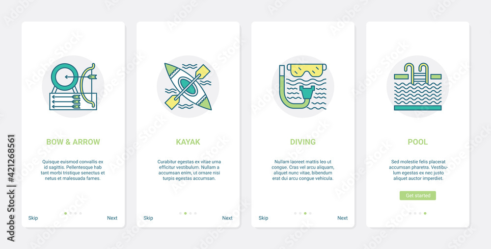 Sport equipment vector illustration. UX, UI onboarding mobile app page screen set with line arrow target and bow for shooting, kayak boat for kayaking extreme sports, mask for diving pool symbols