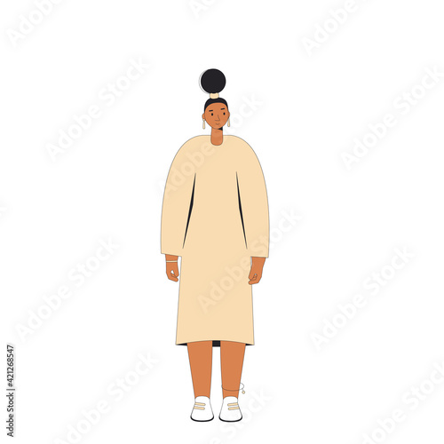 Young woman. Female teenager character wearing in casual clothes standing isolated on a white background. Vector line illustration.