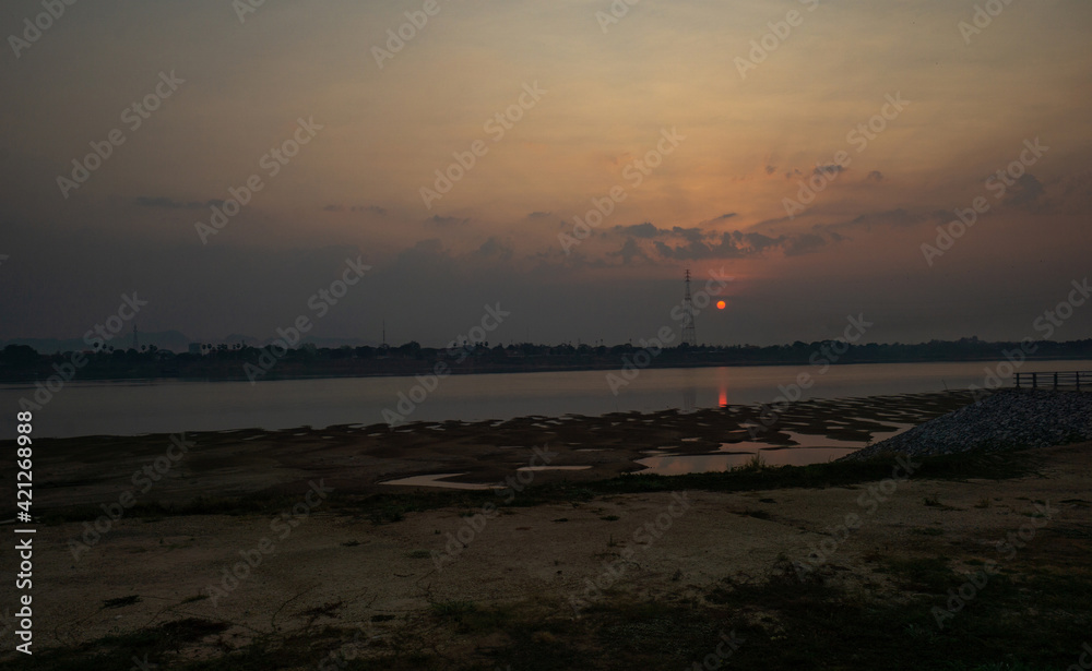 Beautiful sunrise at dawn at Mekong river