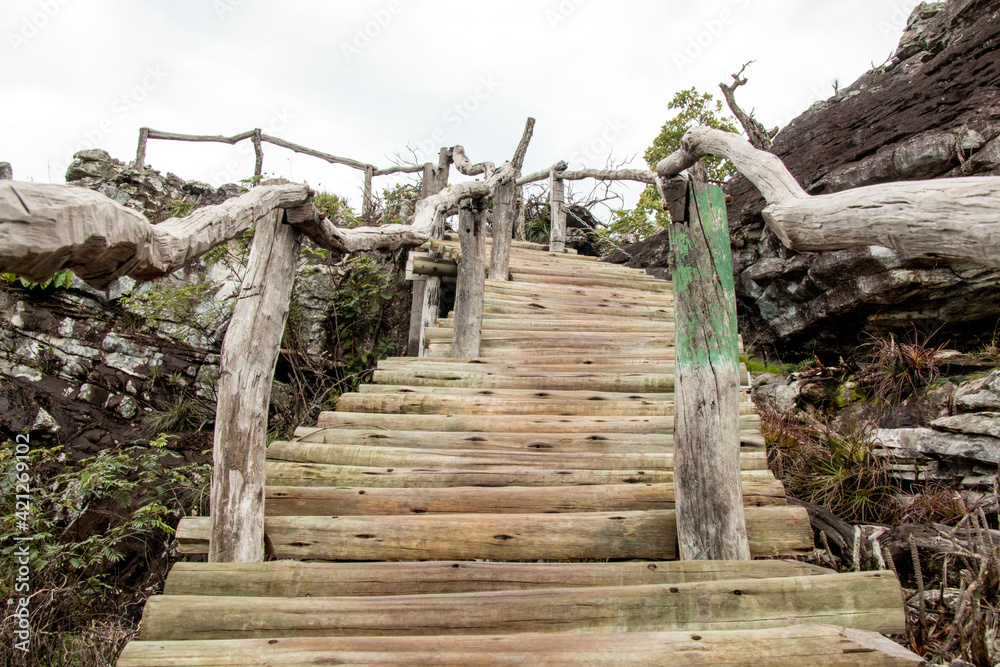 Rustic Wooden Stairs or walkway on the trail at Chapada Veadeiros National Park, Brazil Rustic Wooden Stairs or walkway on the trail at Chapada Veadeiros National Park, Brazil