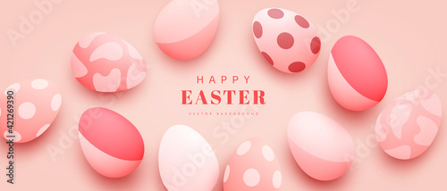 Happy Easter design with realistic eggs. Festive spring 3d composition. Horizontal background for web banner, poster, flyer, cover and brochure