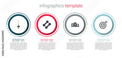Set Fencing, Dumbbell, Award over sports winner podium and Target with arrow. Business infographic template. Vector
