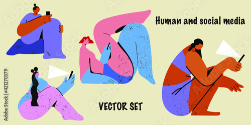 Vector set. Girl  browse social networks. Social media influence and addiction.  Illustration in flat cartoon style. 