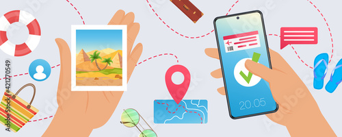 Travel vacation tourism concept vector illustration. Cartoon top view with traveler tourist hands holding smartphone with airplane ticket flight booking on app screen, route planning map background