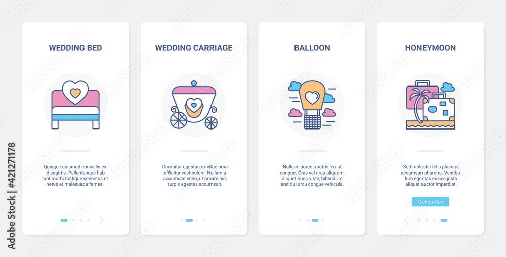 Wedding, honeymoon travel vector illustration. UI, UX onboarding mobile app page screen set with line bed for love night of married couple, car carriage for wedding day celebration party, trip cruise