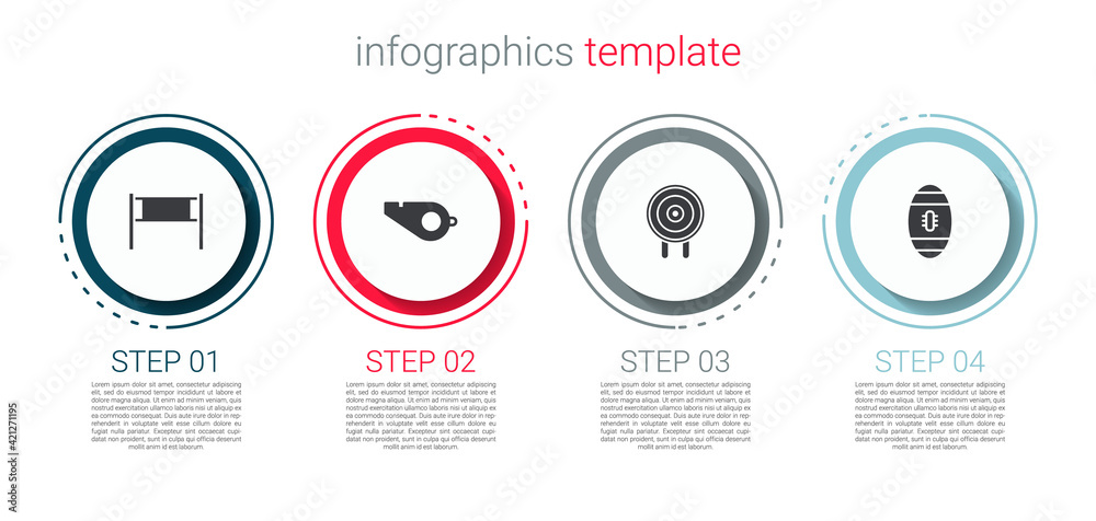 Set Volleyball net, Whistle, Target sport and American Football. Business infographic template. Vector Set Volleyball net, Whistle, Target sport and American Football. Business infographic template. Vector