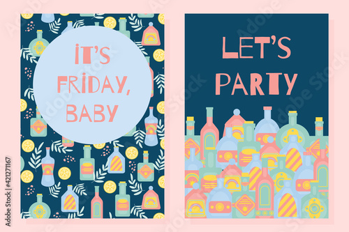 Let s party, it's friday baby concept with different bottles of alcohol drinks. Party, pub, restoraunt or club banner. alcohol coctail. Vector illustration