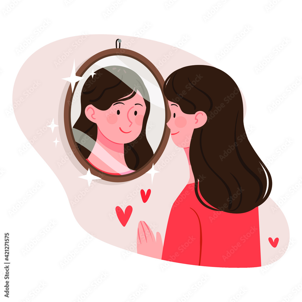 The Woman Looks At Herself In The Mirror A Woman Who Is Satisfied And the-woman-looks-at-herself-in-the-mirror-a-woman-who-is-satisfied-and