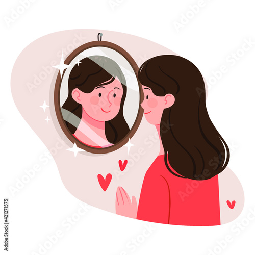 The woman looks at herself in the mirror. A woman who is satisfied and loves herself. Healthy self-awareness, self-esteem illustration. photo