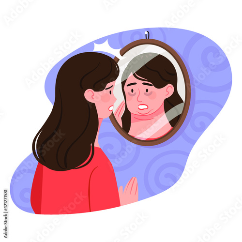 A woman looking at herself with a distorted gaze. A woman with low self-esteem and who does not love herself.