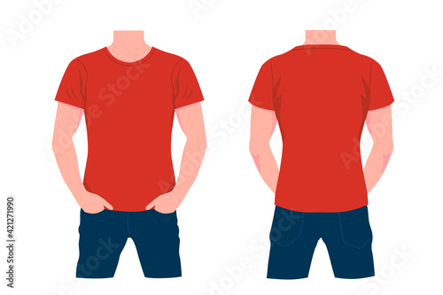 Man in red tshirt and blue jeans. Stylishly character with front and back view dressed in trendy modern style with hands in vector pockets.