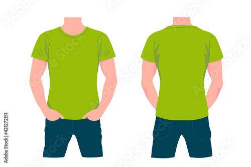 Man in green tshirt and blue jeans. Male character with front and back view stylishly dressed in trendy modern style with hands in vector pockets