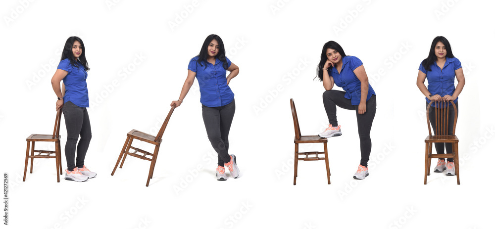 Collage of same woman playing with a chair in white background